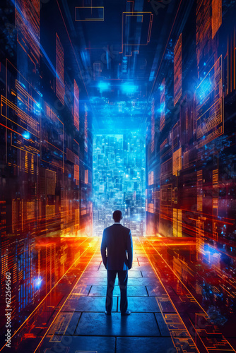 Man in suit standing in front of large city filled with buildings. Generative AI. © valentyn640