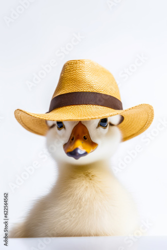 Duck wearing yellow hat and brown ribbon around its neck and white background. Generative AI.