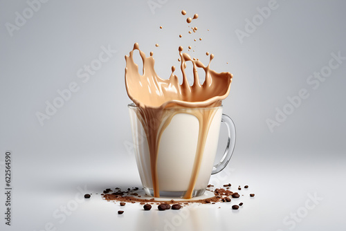 cup of coffee and milk splashes isolated on white.