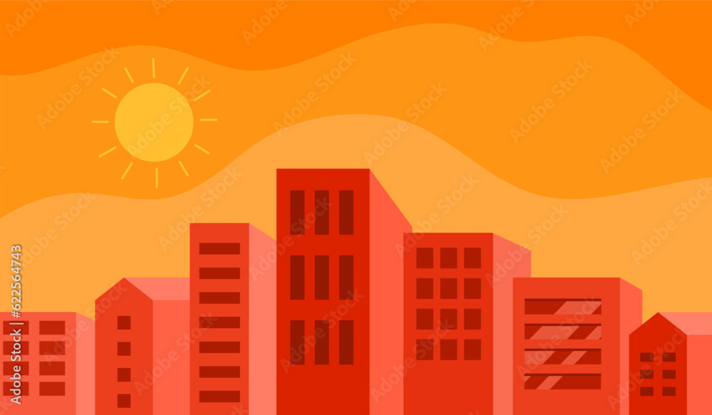 Hot climate in the city with strong sunlight in flat design.