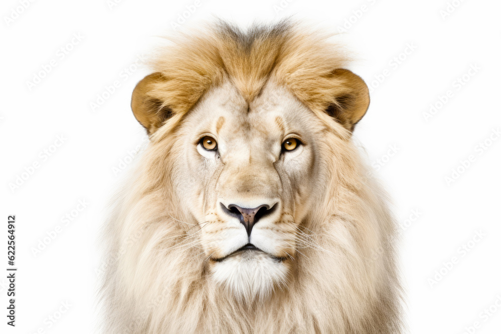 Close up of white lion's face with white background. Generative AI.