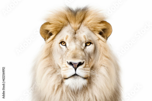 Close up of white lion's face with white background. Generative AI. © valentyn640
