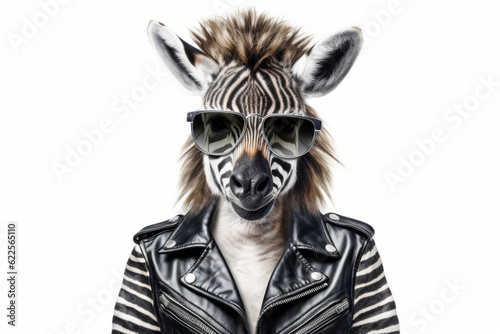 Zebra wearing sunglasses and leather jacket with zebra's head. Generative AI. © valentyn640