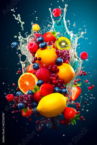 Bunch of fruit is falling into the water with splash of water on it. Generative AI.