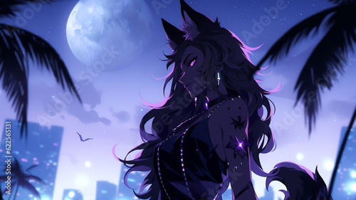 Fotografie, Obraz Sexy werewolf or wolf girl fursona, cartoon synthwave style with an urban night as backdrop