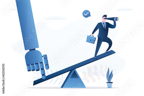 Robot help push seesaw for success. AI support business leader to search successful direction and reach goal. Chat bot help or assist by user or entrepreneur, cooperate concept.