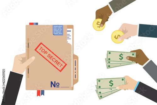 Seller hand gives top secret report, various spy buyers holds money cash. Payment for confidential information, illegal deal, bribe and corruption. Spy organizations steals government secrets.