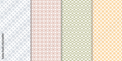 Set of cute minimal geometric texture seamless patterns. Repeating simple geometrical shapes modern background. Graphic trendy abstract wallpaper.