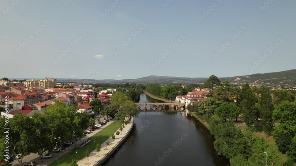 Aerial View of River Tâmega and Roman Bridge of Trajano in Chaves, Portugal Aerial View of River Tâmega and Roman Bridge of Trajano in Chaves, Portugal