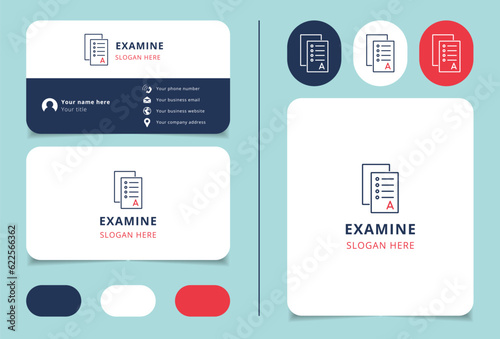 Examine logo design with editable slogan. Branding book and business card template.