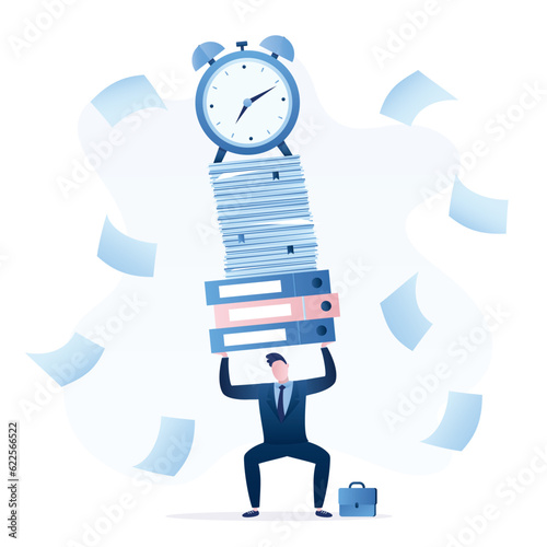 Tired businessman hold load of paperwork. Work under heavy pressure, leadership skill to success, complete work within timeline. Hard and difficult business tasks. Job challenges, deadline