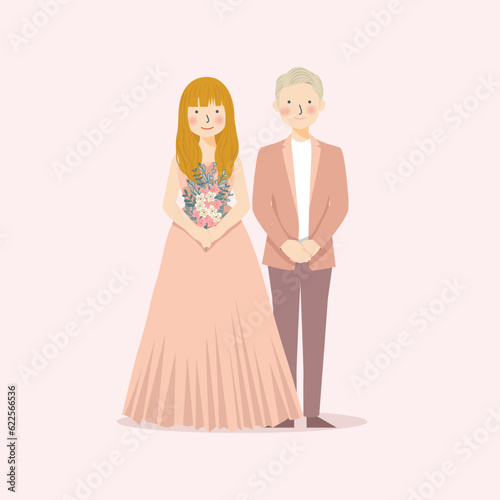 Cute Wedding Couple in retro and rustic theme clothes with pink and peach color