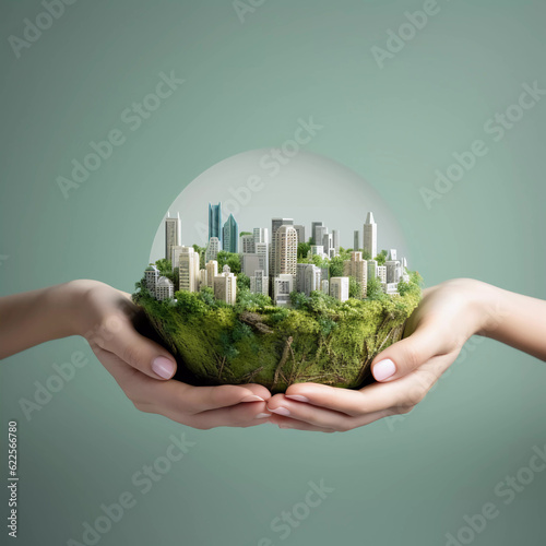World environment day concept, human hand holding a city scenery, Small world, photo use for travel or save world, Green ecology concept illustration, advertising, poster, cover, Generative ai.