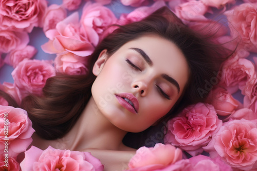 Woman laying down in bed of pink flowers with her eyes closed. Generative AI. © valentyn640