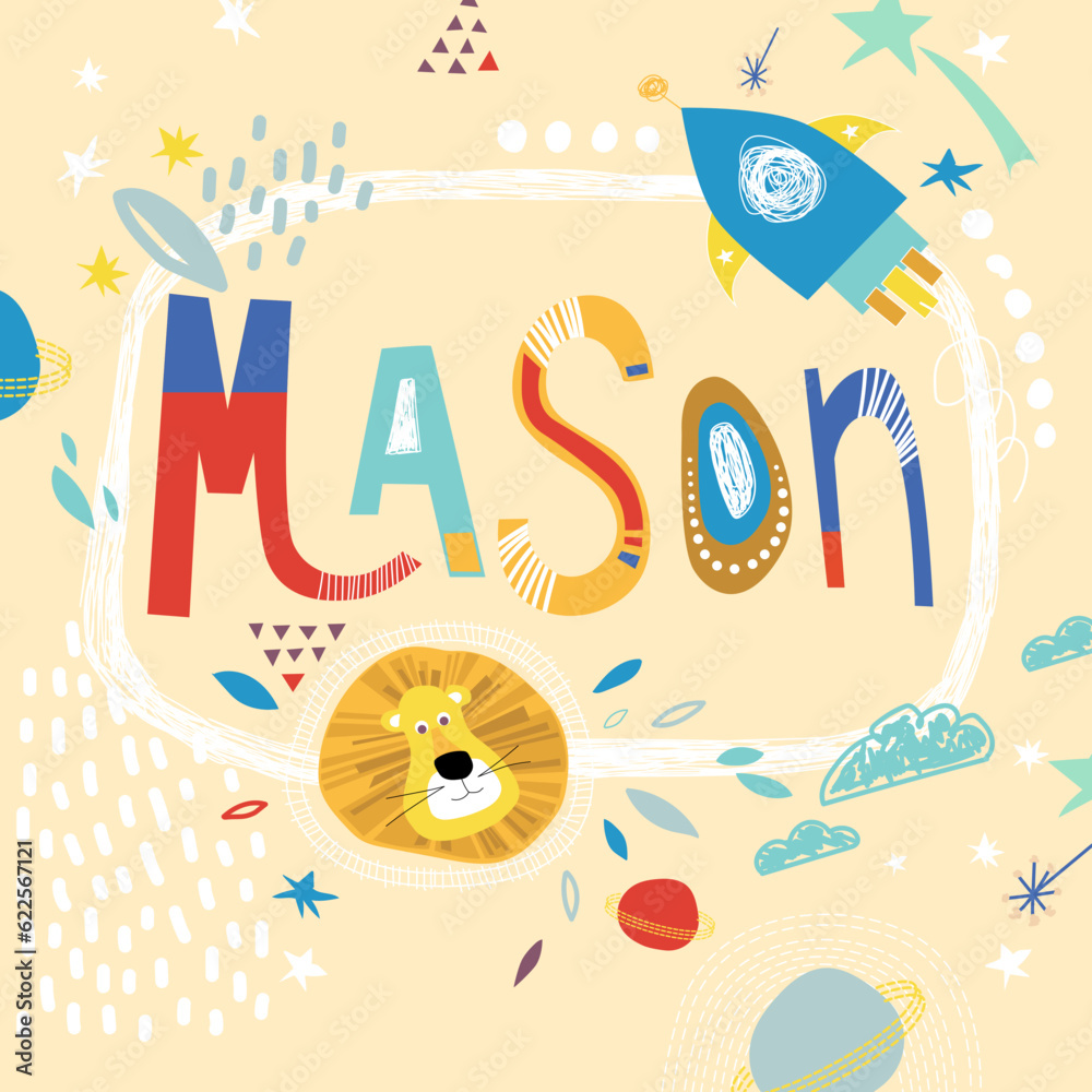 Bright card with beautiful name Mason in planets, lion and simple forms. Awesome male name design in bright colors. Tremendous vector background for fabulous designs