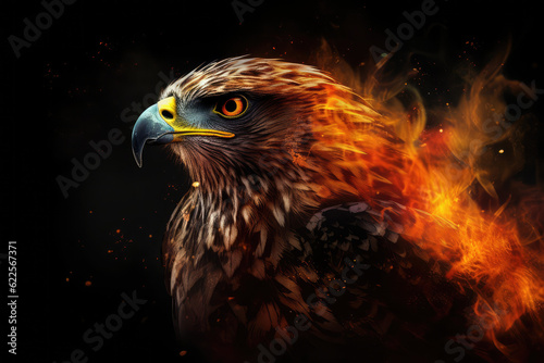 A digital illustration of a Falcon engulfed in flames, symbolizing destruction, chaos, or revolution, generative AI © Kien