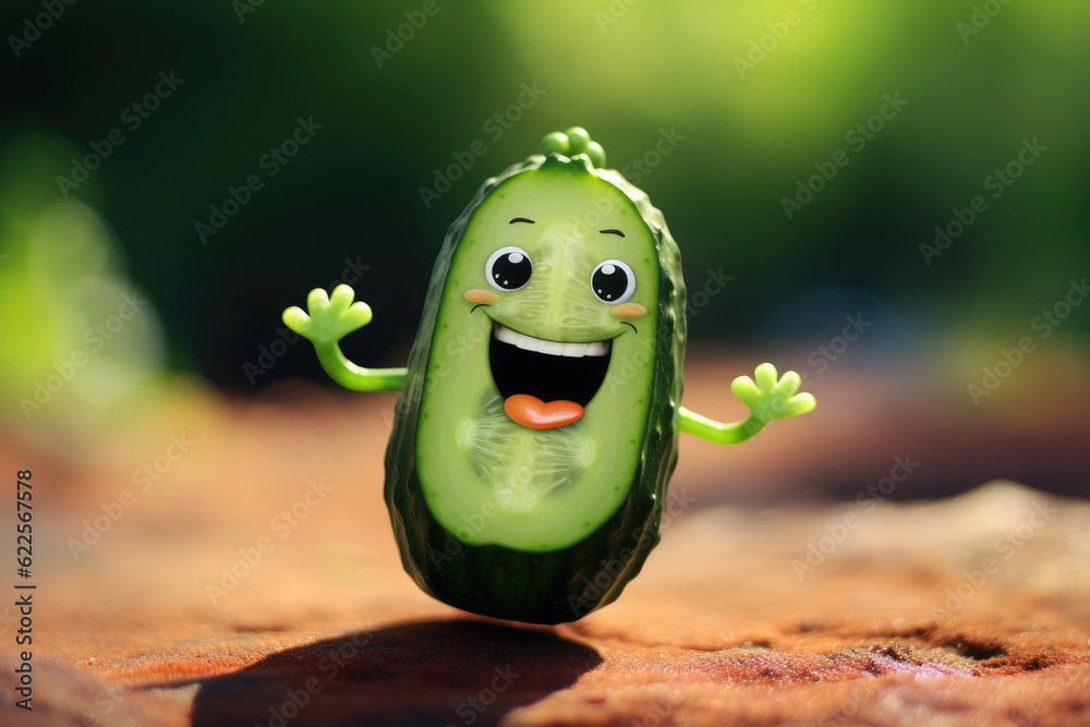 Cute smiling cucumber character in children-friendly cartoon style.