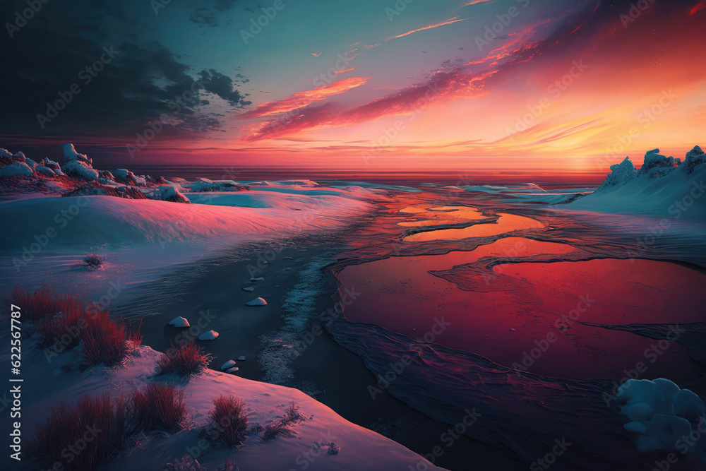 a frozen landscape at sunset, with the sky ablaze in hues of orange and pink, contrasting against the icy blue tones of the frozen terrain, generative AI