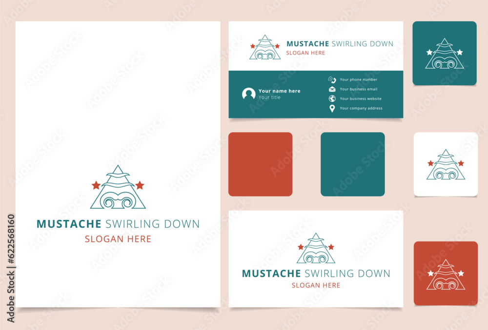 Mustache swirling down logo design with editable slogan. Branding book and business card template.