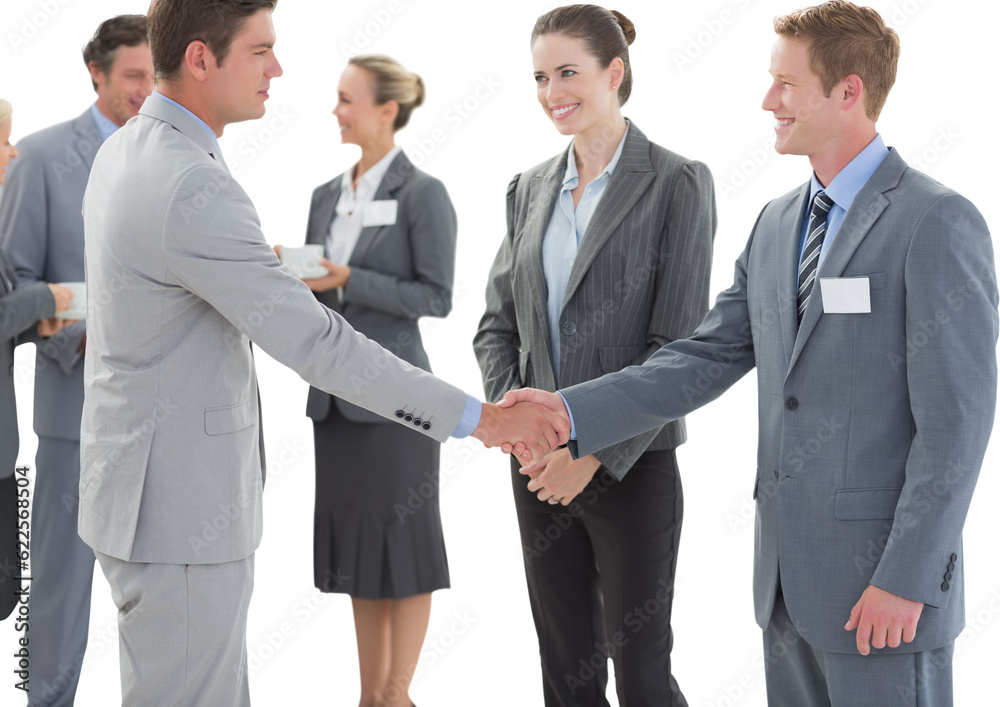 Digital png photo of smiling caucasian business people shaking hands on transparent background Digital png photo of smiling caucasian business people shaking hands on transparent background