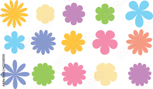 Groovy daisy flowers set. Flat color icons. Simple flower silhouette. Retro vintage style, hand drawn decorative elements. A set of vector vintage flowers. 70s style. Hippie style design, power flower