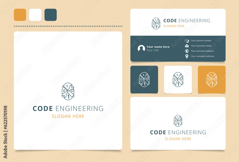 Code engineering logo design with editable slogan. Branding book and business card template.