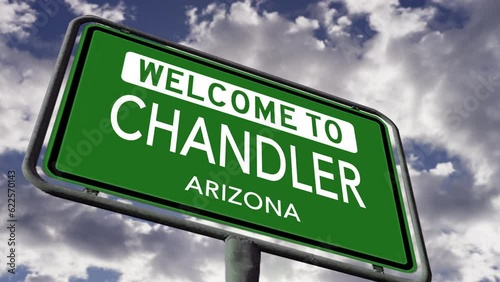 Welcome to Chandler, Arizona. USA City Road Sign Close Up, Realistic Animation photo