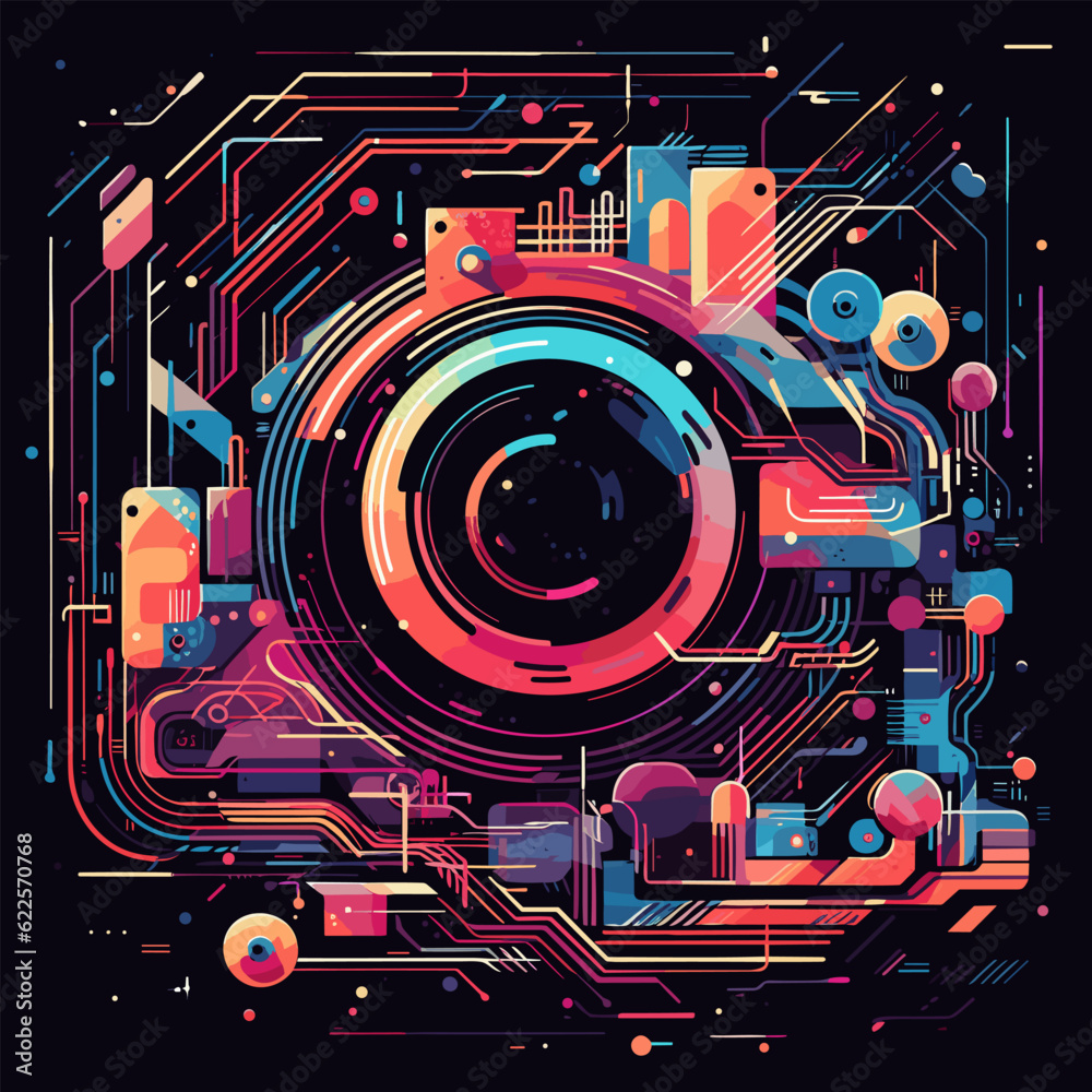 Digital image of camera with colorful lines and shapes on it's surface.