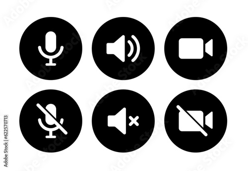 video call icon set. Sound, microphone, video camera, phone, sound off, microphone off, camera off full set vector icons in black circle.
