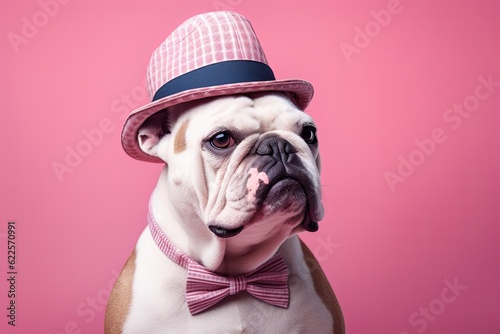bulldog in a hat on a pink background ondemand photo, in the style of charming characters, red and blue, normcore, stylish costume design photo