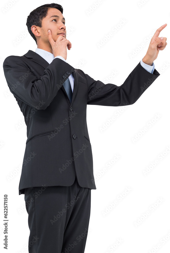 Digital png photo of thinking asian businessman showing index finger on transparent background Digital png photo of thinking asian businessman showing index finger on transparent background