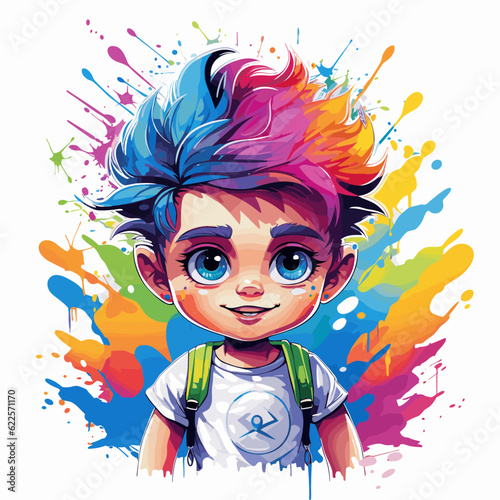 Young boy with colorful hair and backpack on his back, wearing t - shirt.