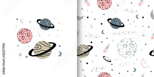 Seamless pattern with space, planet and stars. Cute space cartoon background. Design for print, fabric, textile, wallpaper, wrapping. Vector illustration