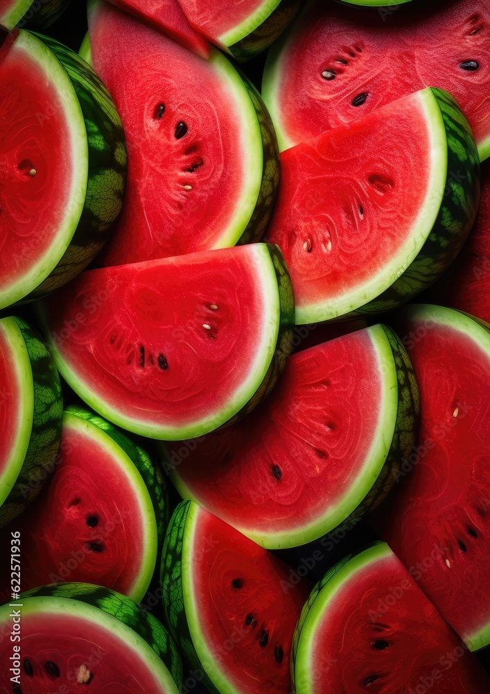 Heap of red fresh colorful watermelon slices, summer healthy food background. Generative Ai. Heap of red fresh colorful watermelon slices, summer healthy food background. Generative Ai.