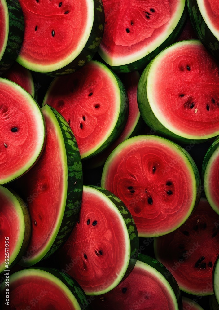 Heap of red fresh colorful watermelon slices, summer healthy food background. Generative Ai. Heap of red fresh colorful watermelon slices, summer healthy food background. Generative Ai.