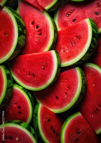 Heap of red fresh colorful watermelon slices  summer healthy food background.  Generative Ai.