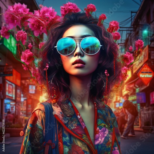 modern japanese woman with glasses and flowers, fictional person created with generative ai