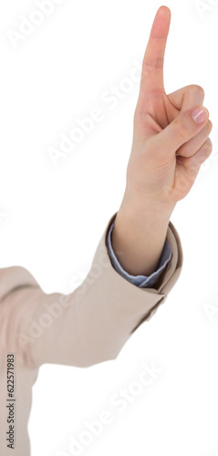 Digital png photo of hand of asian businesswoman showing index finger on transparent background