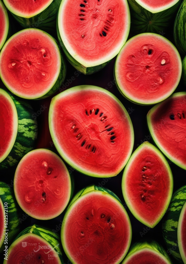 Close up of many fresh red watermelons background, summer healthy food. Generative Ai. Close up of many fresh red watermelons background, summer healthy food. Generative Ai.