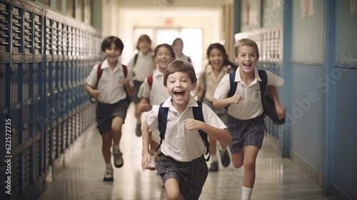 Happy diverse school kids running in corridor at school. Back to school concept.