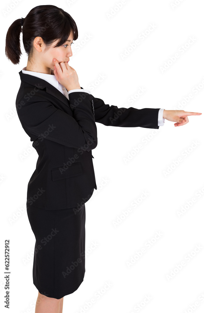 Digital png photo of focused asian businesswoman pointing finger on transparent background