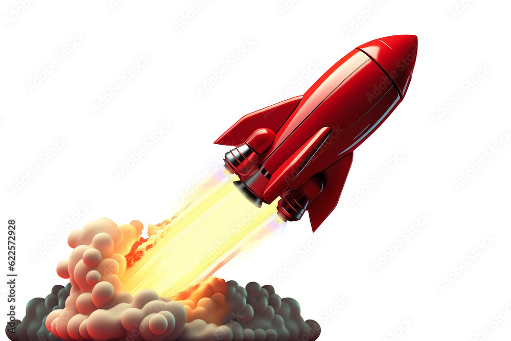 Launch of a red rocket isolated on clear PNG background, made of ...