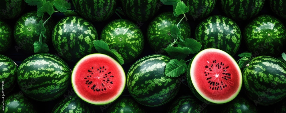 Many fresh red watermelons detailed background, summer panorama. Generative Ai. Many fresh red watermelons detailed background, summer panorama. Generative Ai.