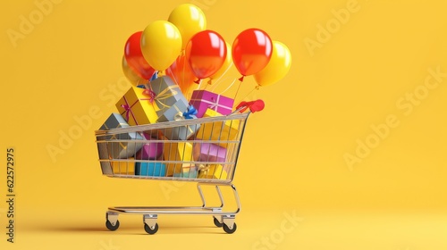 Shopping cart full of colorful gift boxes on yellow background with confetti. Black Friday sale. Online shopping.