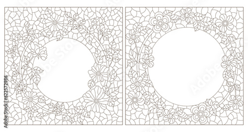 Set contour illustrations of stained glass with floral framework,dark outlines on white background