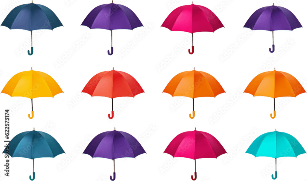 Set of colorful umbrellas on white background