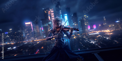a luxury cyberpunk woman playing violin in a futuristic city in the night, fictional person created with generative ai © CROCOTHERY