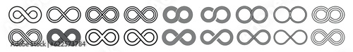 Infinity icon set. Infinity, Infinity symbol, infinity space, infinity arrow, infinity loop, eternity, infinite, endless symbols. Unlimited infinity collection icons flat style. Vector