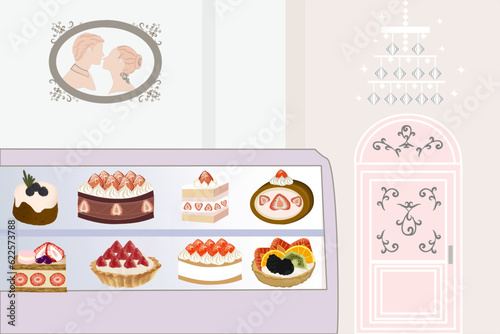 Cafe pastel showing many type of cake for background backdrop cafe canteen concept 