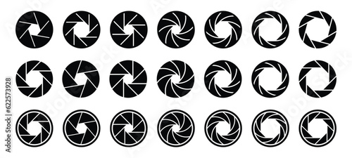 Camera shutter icons. Camera shutter vector, lens aperture, shutter icon, camera shutter,  camera shutter graphic, camera shutter icon, lens diaphragm. Camera lens icon collection. Vector illustration